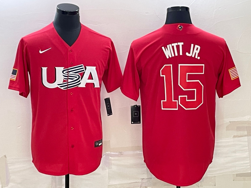 Men's USA Baseball #15 Bobby Witt Jr. 2023 Red World Baseball Classic Stitched Jersey